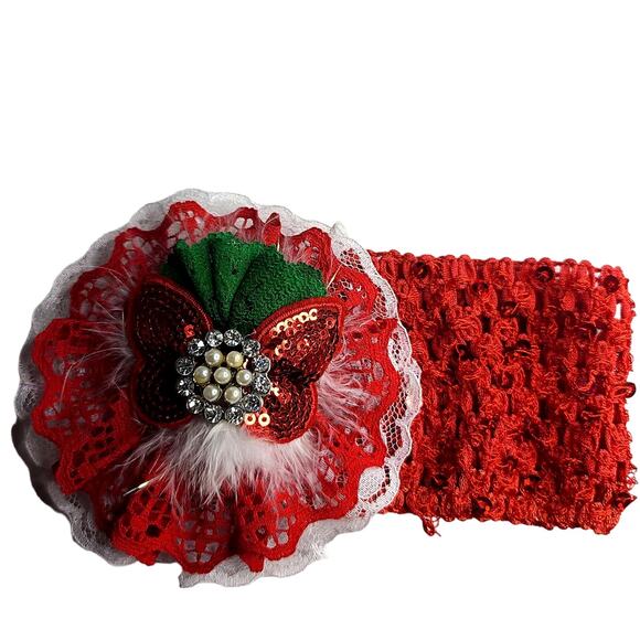 Baby Girl Toddler Christmas Headband Oversize Lace & Rhinestones Bow Red White - Picture 1 of 6
